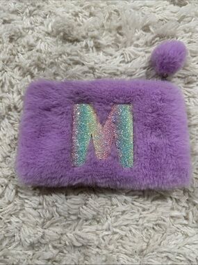 ARDENE  Lilac Fuzzy Makeup Pouch with Glitter 'M' Initial EUC